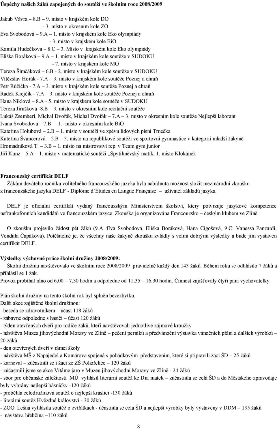 místo v krajském kole MO Tereza Šimčáková 6.B - 2. místo v krajském kole soutěže v SUDOKU Vítězslav Horák - 7.A 3. místo v krajském kole soutěže Poznej a chraň Petr Růžička - 7.A 3. místo v krajském kole soutěže Poznej a chraň Radek Krejčík - 7.