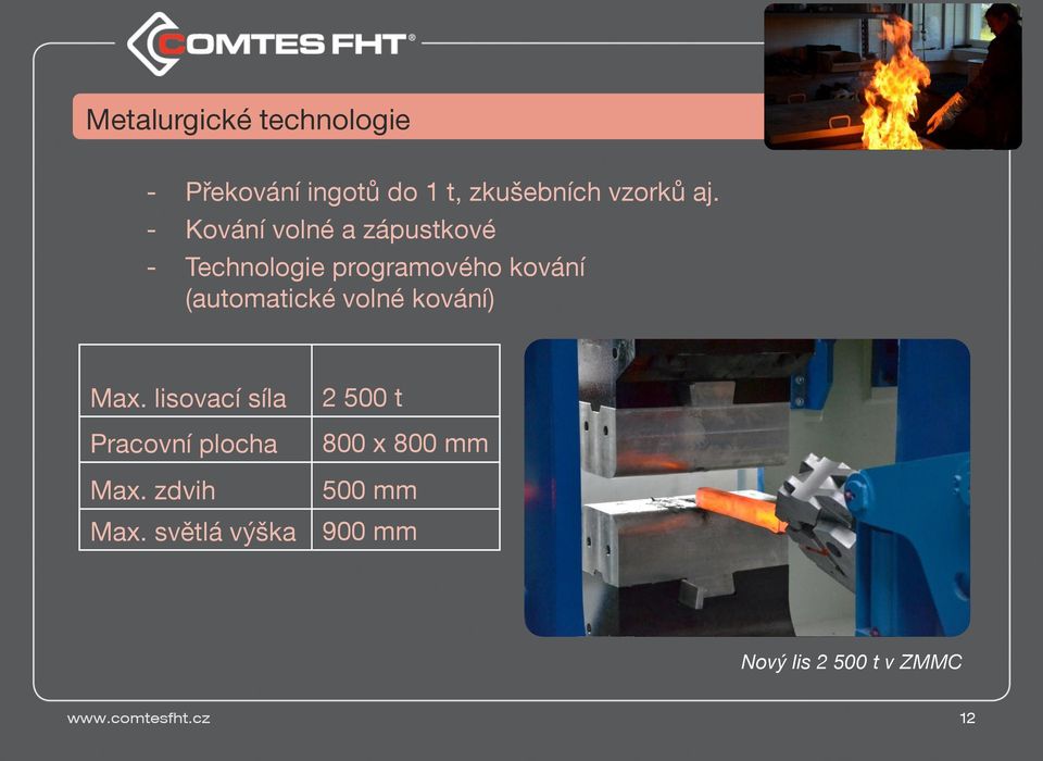 volné kování) Max. lisovací síla Pracovní plocha 2 500 t 800 x 800 mm Max.