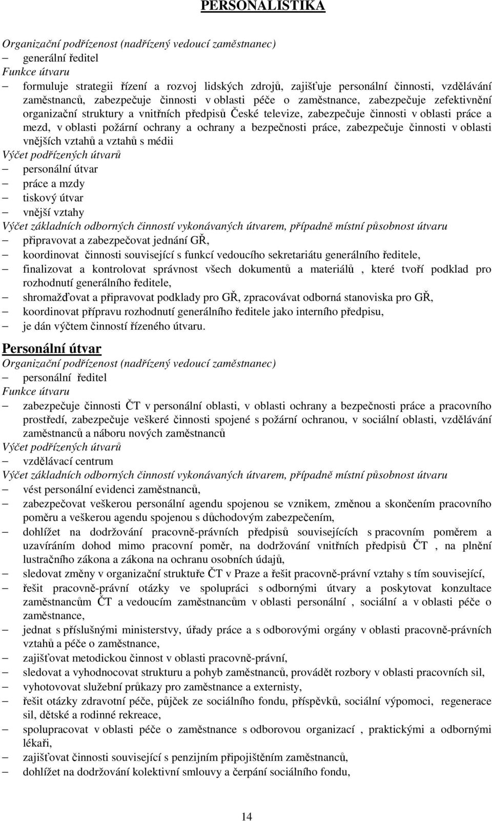 činnosti v oblasti vnějších vztahů a vztahů s médii personální útvar práce a mzdy tiskový útvar vnější vztahy připravovat a zabezpečovat jednání GŘ, koordinovat činnosti související s funkcí