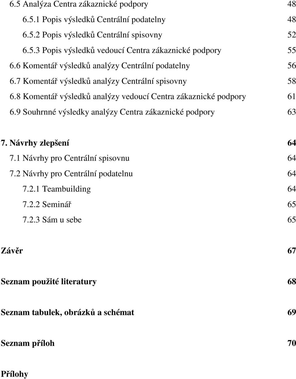 8 Komentář výsledků analýzy vedoucí Centra zákaznické podpory 61 6.9 Souhrnné výsledky analýzy Centra zákaznické podpory 63 7. Návrhy zlepšení 64 7.