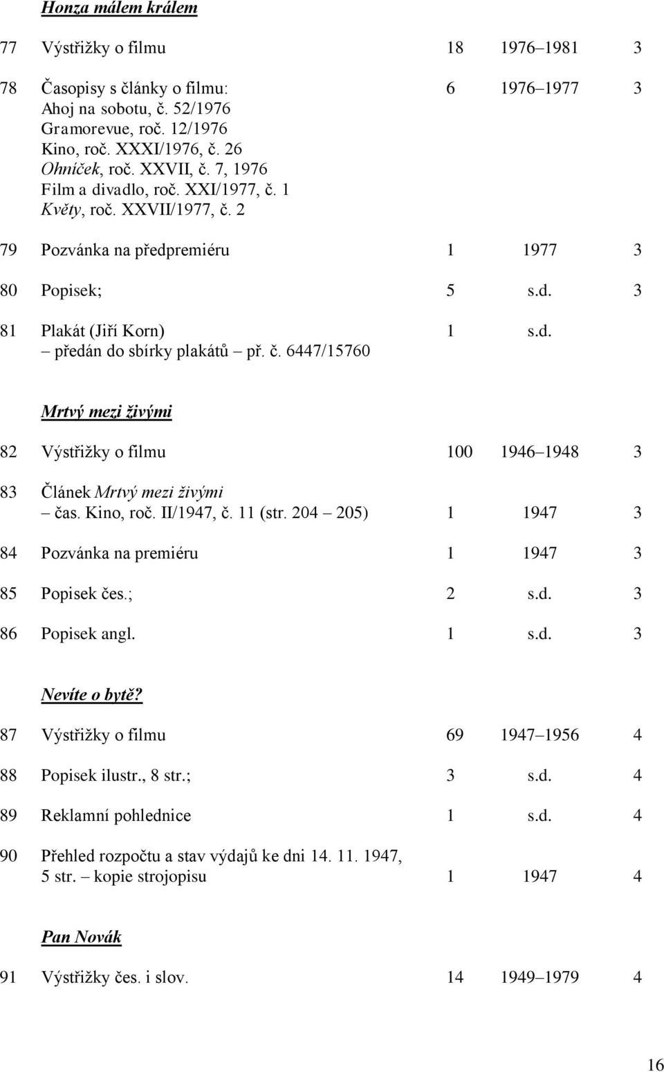č. 6447/15760 Mrtvý mezi živými 82 Výstřižky o filmu 100 1946 1948 3 83 Článek Mrtvý mezi živými čas. Kino, roč. II/1947, č. 11 (str. 204 205) 1 1947 3 84 Pozvánka na premiéru 1 1947 3 85 Popisek čes.