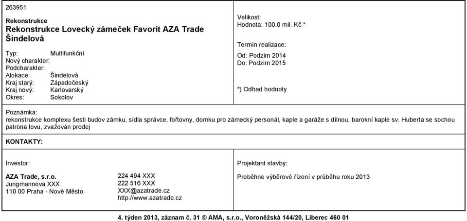 dílnou, barokní kaple sv. Huberta se sochou patrona lovu, zvažován prodej AZA Trade, s.r.o. Jungmannova 110 00 Praha - Nové Město 224 494 222 516 @azatrade.