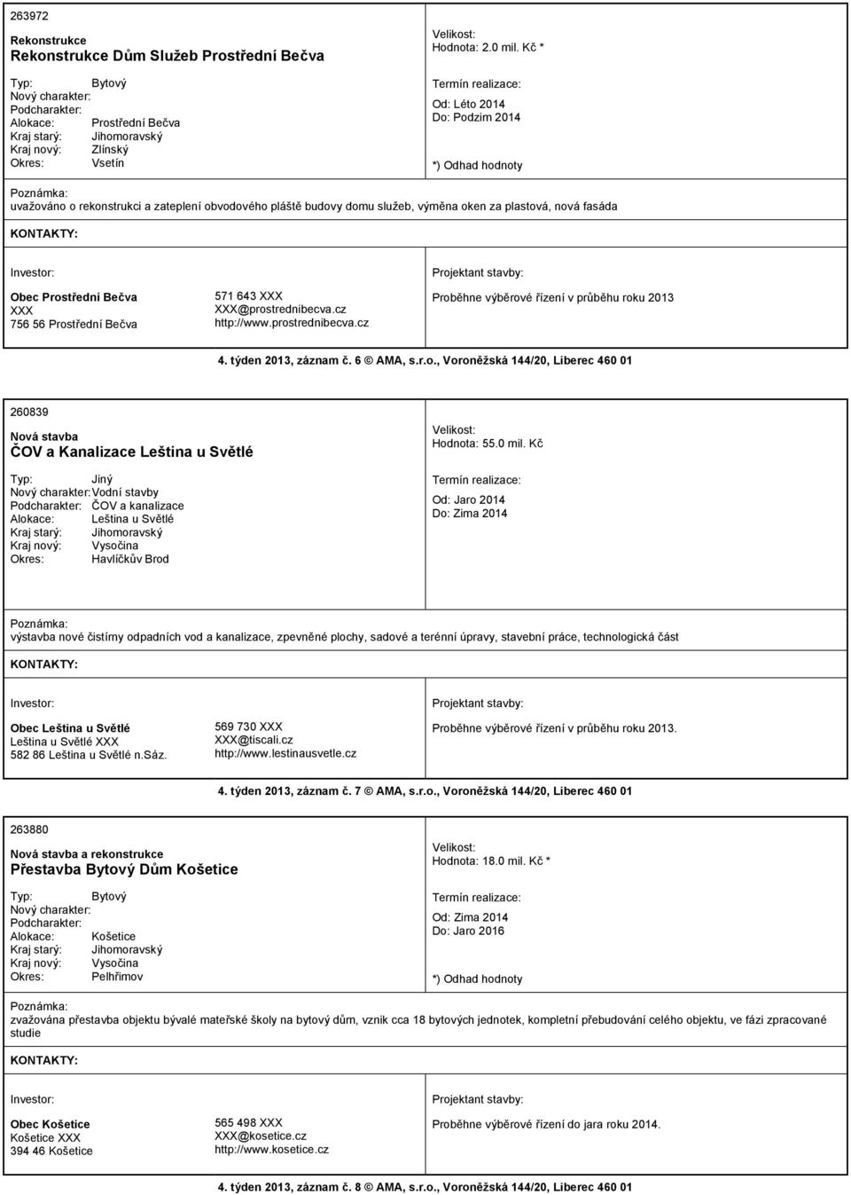 @prostrednibecva.cz http://www.prostrednibecva.cz Proběhne výběrové řízení v průběhu roku 2013 4. týden 2013, záznam č. 6 AMA, s.r.o., Voroněžská 144/20, Liberec 460 01 260839 ČOV a Kanalizace