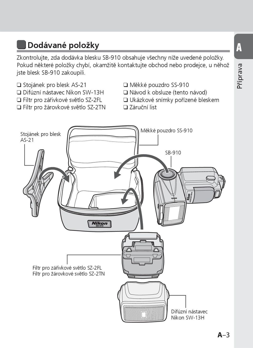 Stojánek pro blesk AS-21 Difúzní nástavec Nikon SW-13H Filtr pro zářivkové světlo SZ-2FL Filtr pro žárovkové světlo SZ-2TN Měkké pouzdro SS-910