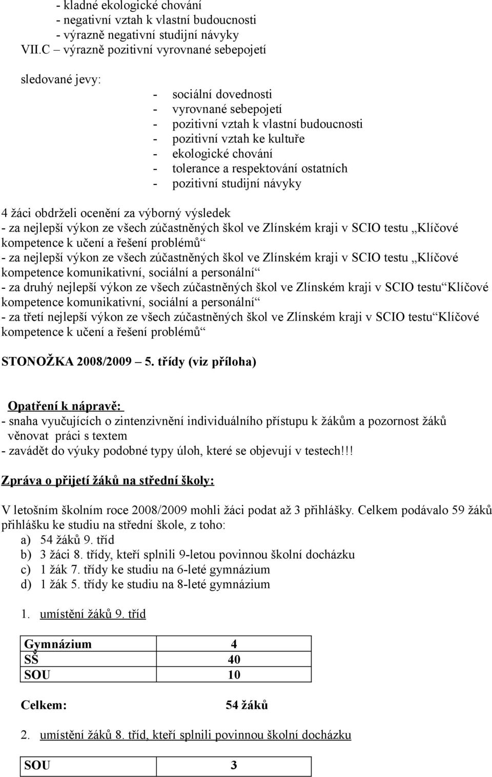 tolerance a respektování ostatních - pozitivní studijní návyky 4 žáci obdrželi ocenění za výborný výsledek - za nejlepší výkon ze všech zúčastněných škol ve Zlínském kraji v SCIO testu Klíčové