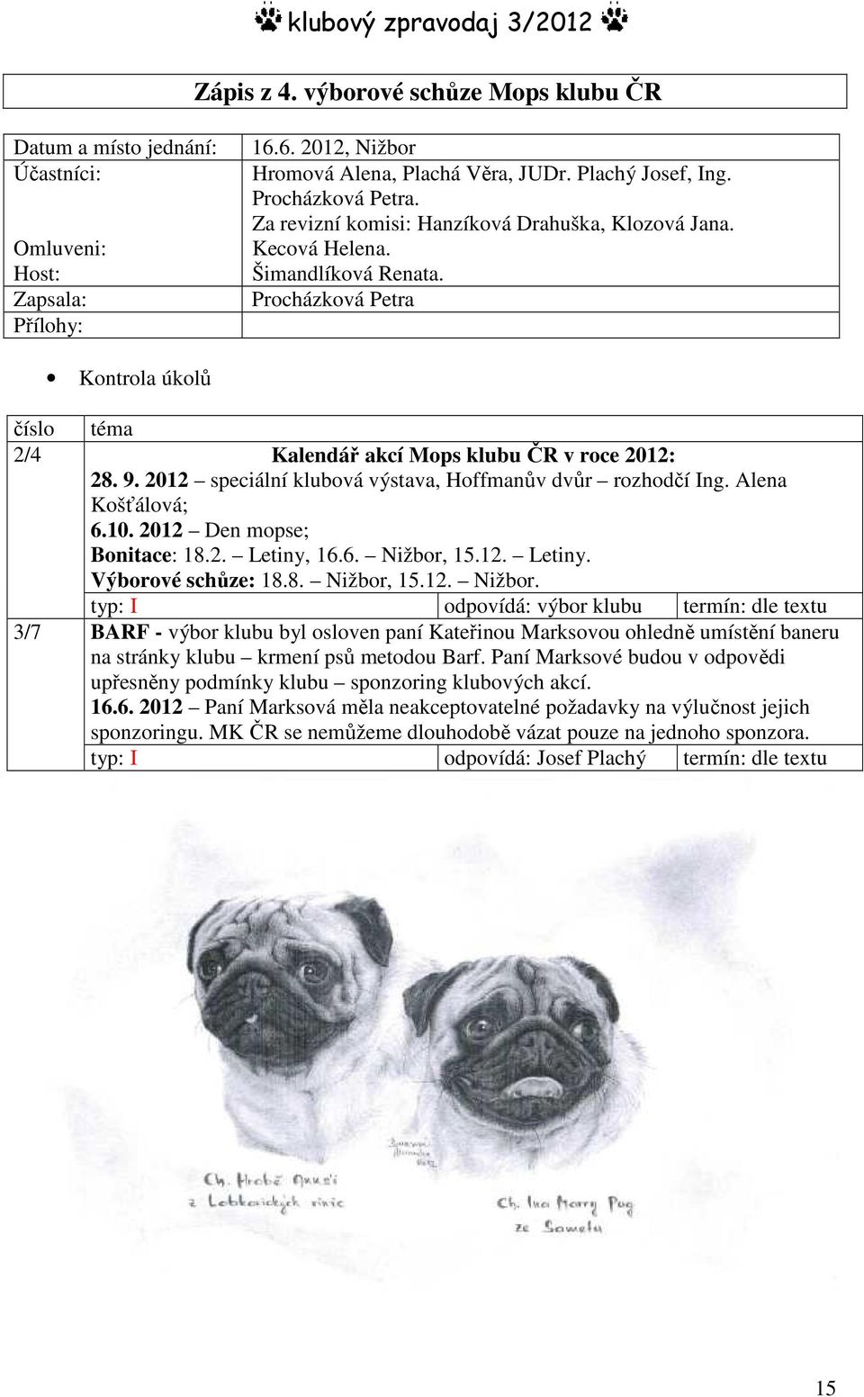 2012 speciální klubová výstava, Hoffmanův dvůr rozhodčí Ing. Alena Košťálová; 6.10. 2012 Den mopse; Bonitace: 18.2. Letiny, 16.6. Nižbor,