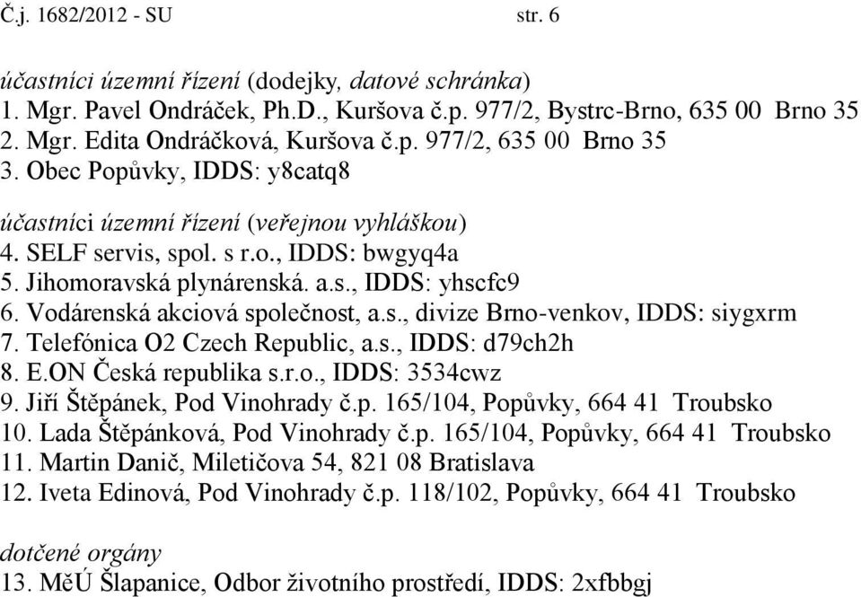 Vodárenská akciová společnost, a.s., divize Brno-venkov, IDDS: siygxrm 7. Telefónica O2 Czech Republic, a.s., IDDS: d79ch2h 8. E.ON Česká republika s.r.o., IDDS: 3534cwz 9.