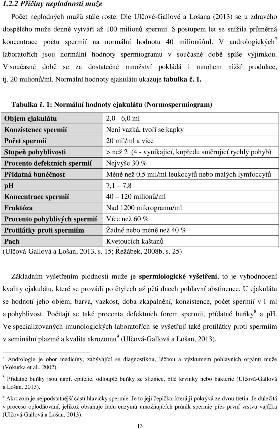 V současné době se za dostatečné množství pokládá i mnohem nižší produkce, tj. 20 milionů/ml. Normální hodnoty ejakulátu ukazuje tabulka č. 1. Tabulka č.