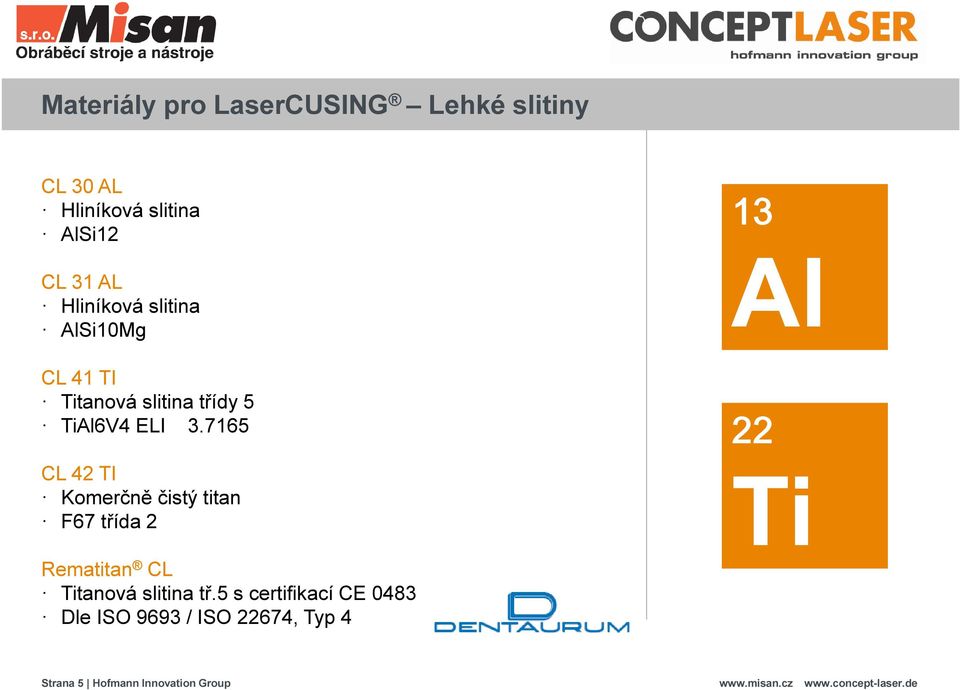 7165 CL 42 TI Komerčně čistý titan F67 třída 2 13 Al 22 Ti Rematitan CL Titanová