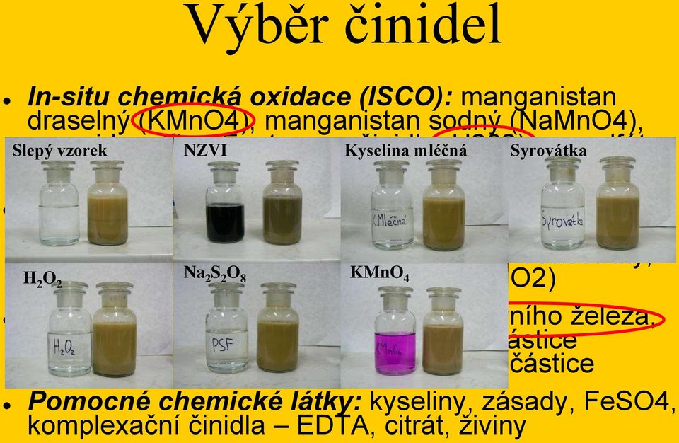 Mikrobiálně podpořené procesy degradace: rostlinné oleje a olejové emulze, kyselina mléčná, laktát sodný, melasa, syrovátka, HRC, biosubstráty, Hperoxidy 2 O Na 2