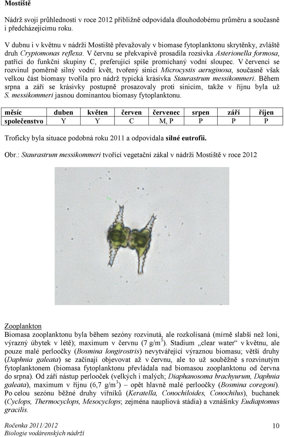 V červnu se překvapivě prosadila rozsivka Asterionella formosa, patřící do funkční skupiny C, preferující spíše promíchaný vodní sloupec.