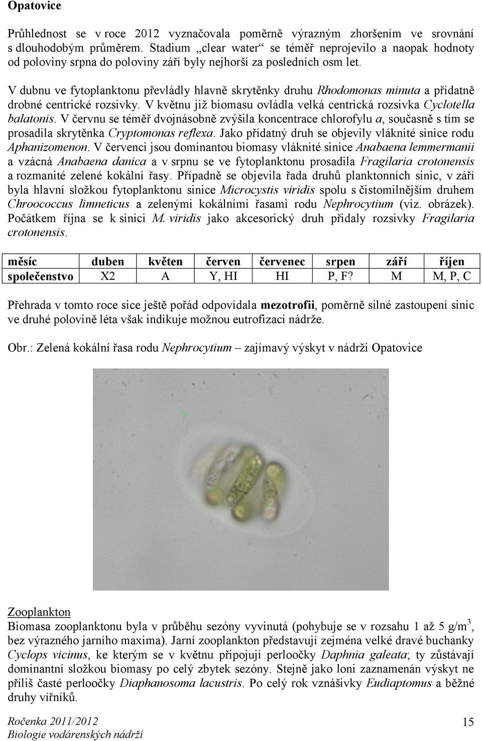 V dubnu ve fytoplanktonu převládly hlavně skrytěnky druhu Rhodomonas minuta a přídatně drobné centrické rozsivky. V květnu již biomasu ovládla velká centrická rozsivka Cyclotella balatonis.