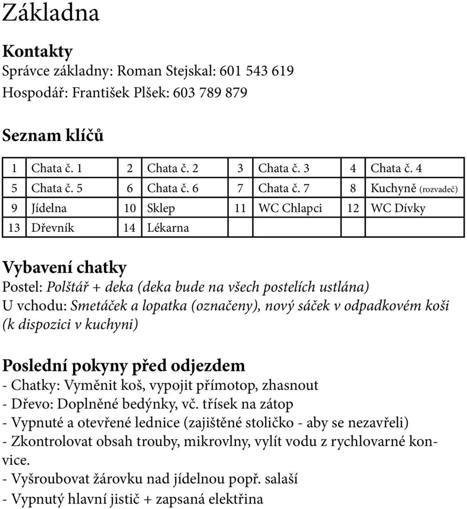 7 8 Kuchyně (rozvadeč) 9 Jídelna 10 Sklep 11 WC Chlapci 12 WC Dívky 13 Dřevník 14 Lékarna Vybavení chatky Postel: Polštář + deka (deka bude na všech postelích ustlána) U vchodu: Smetáček a lopatka