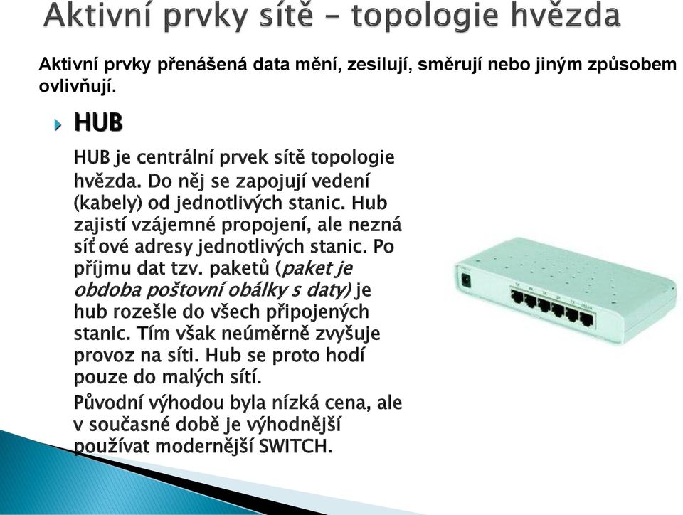 Po příjmu dat tzv. paketů (paket je obdoba poštovní obálky s daty) je hub rozešle do všech připojených stanic.