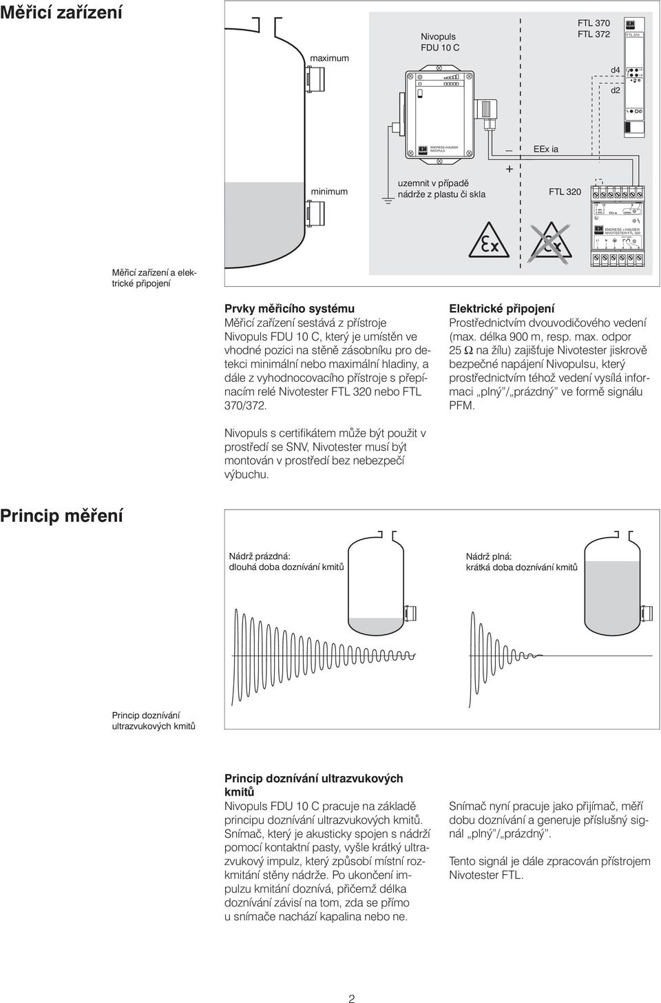 minimální nebo maximální hladiny, a dále z vyhodnocovacího přístroje s přepínacím relé Nivotester FTL 320 nebo FTL 370/372. Elektrické připojení Prostřednictvím dvouvodičového vedení (max.