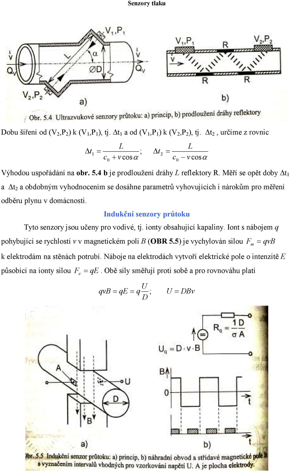 Indukční senzory průtoku Tyto senzory jsou učeny pro vodivé, tj. ionty obsahující kapaliny. Iont s nábojem q pohybující se rychlostí v v magnetickém poli B (OBR 5.