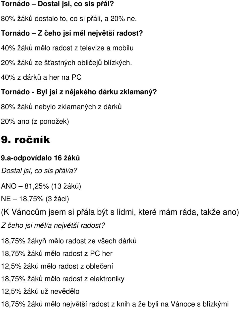 80% žáků nebylo zklamaných z dárků 20% ano (z ponožek) 9. ročník 9.a-odpovídalo 16 žáků Dostal jsi, co sis přál/a?