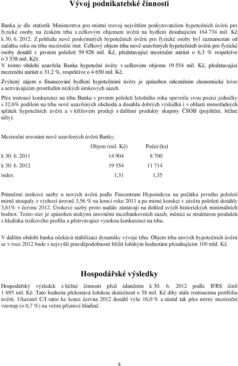 Celkový objem trhu nově uzavřených hypotečních úvěrů pro fyzické osoby dosáhl v prvním pololetí 59 928, představující meziroční nárůst o 6,3 % respektive o 3 538 ).