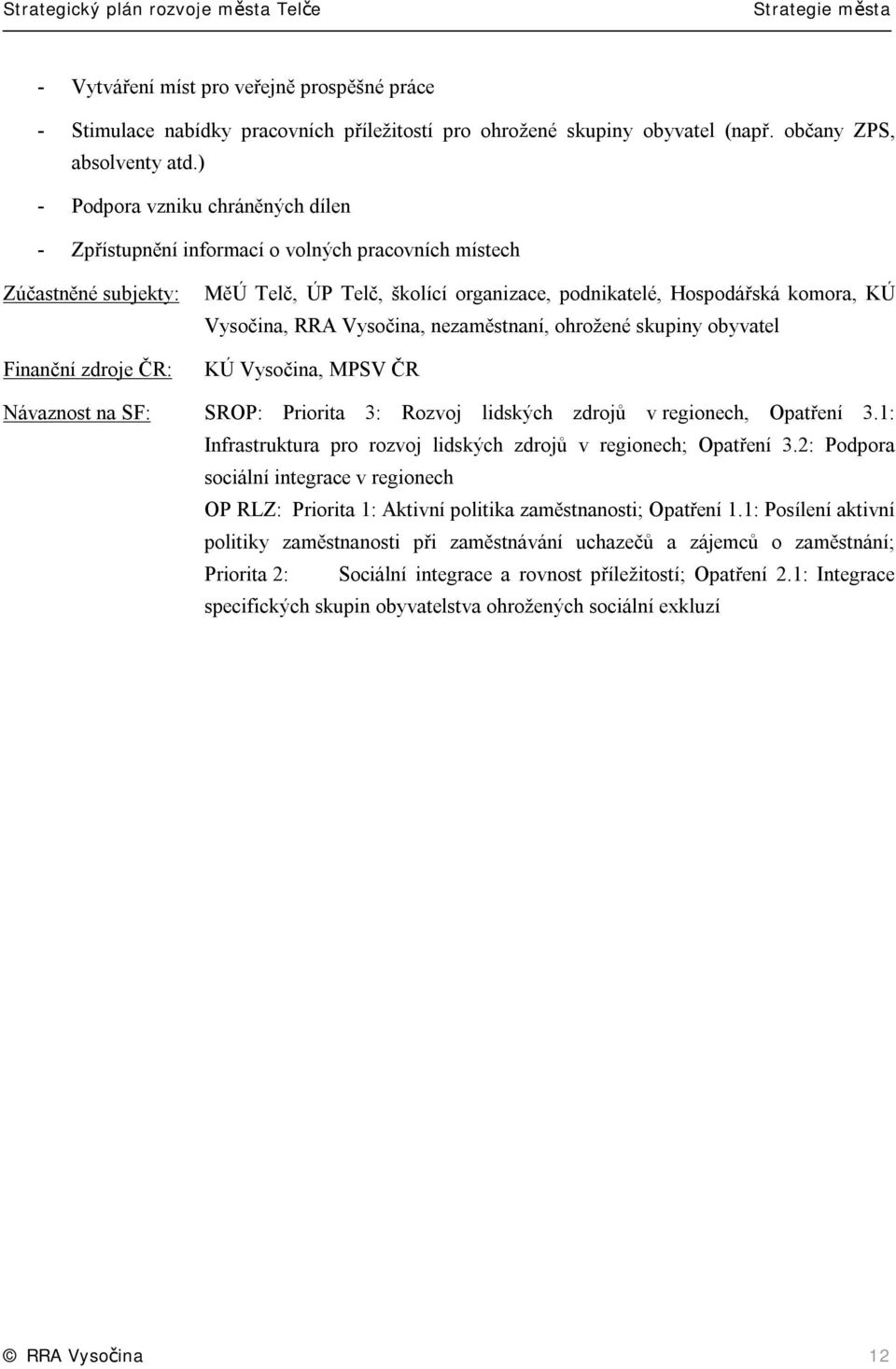 nezaměstnaní, ohrožené skupiny obyvatel KÚ Vysočina, MPSV ČR Návaznost na SF: SROP: Priorita 3: Rozvoj lidských zdrojů v regionech, Opatření 3.