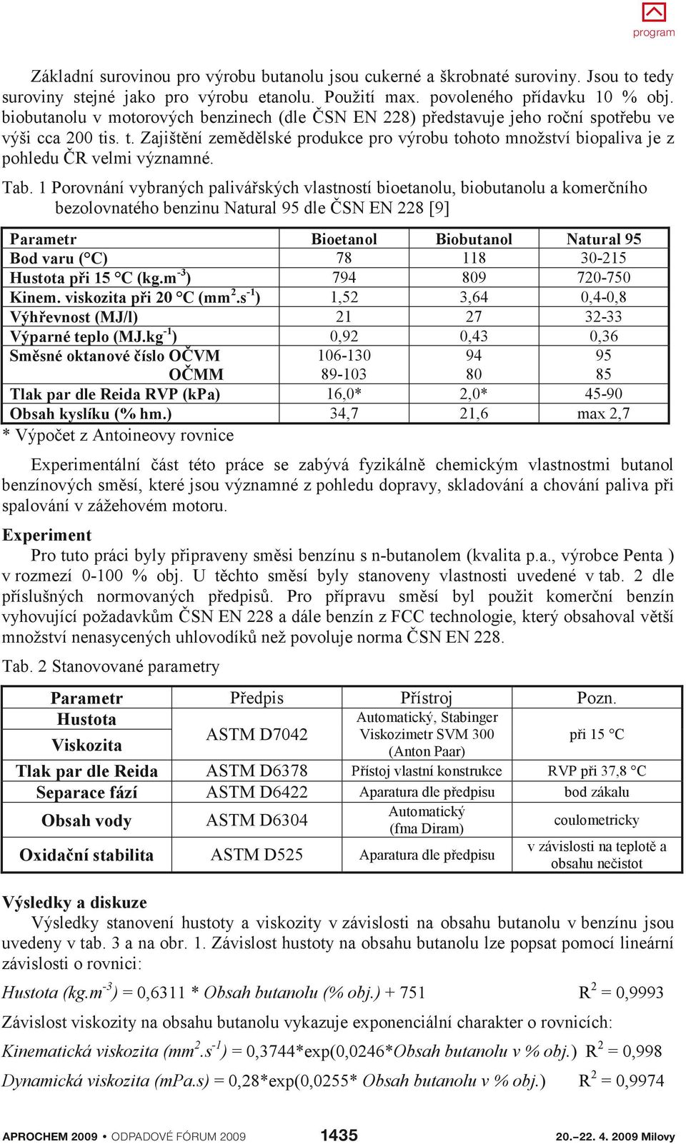 Tab. 1 Porovnání vybraných palivářských vlastností bioetanolu, biobutanolu a komerčního bezolovnatého benzinu Natural 9 dle ČSN EN 228 [9] Parametr Bod varu ( C) Hustota při 1 C (kg.m-3) Kinem.