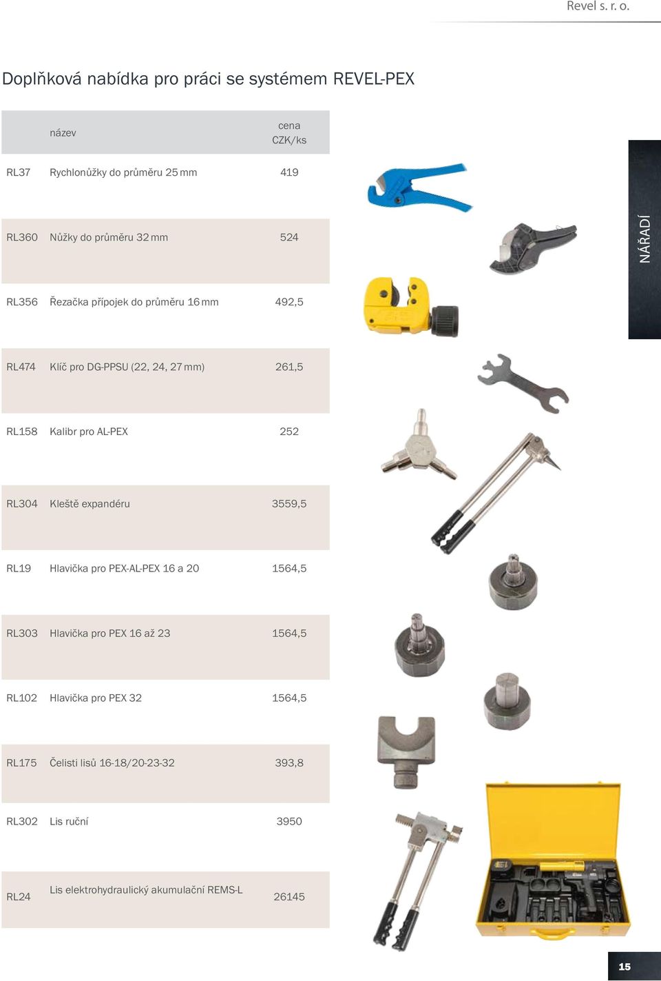 524 NÁŘADÍ RL356 Řezačka přípojek do průměru 16 mm 492,5 RL474 Klíč pro DG-PPSU (22, 24, 27 mm) 261,5 RL158 Kalibr pro AL-PEX 252 RL304