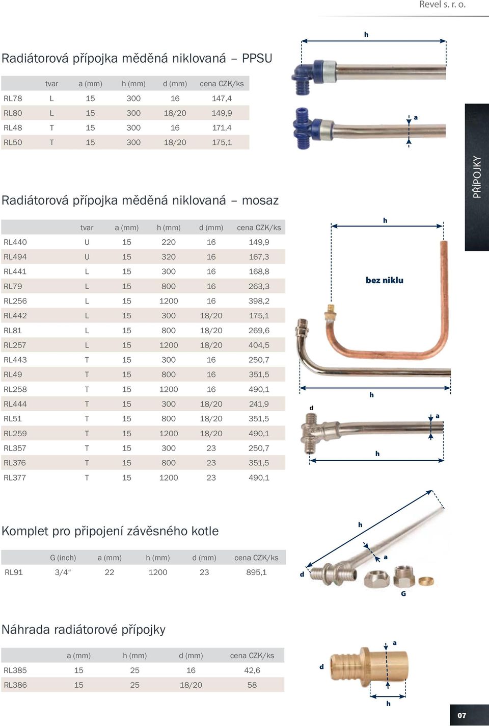 přípojka měděná niklovaná mosaz PŘÍPOJKY tvar a (mm) h (mm) d (mm) cena CZK/ks h RL440 U 15 220 16 149,9 RL494 U 15 320 16 167,3 RL441 L 15 300 16 168,8 RL79 L 15 800 16 263,3 bez niklu RL256 L 15