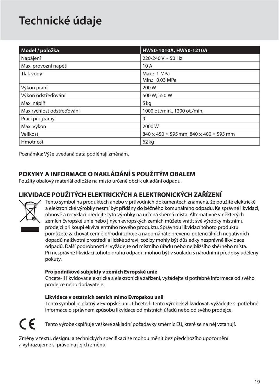 rychlost odstřeďování HW50-1010A, HW50-1210A 220-240 V ~ 50 Hz 10 A Max.: 1 MPa Min.