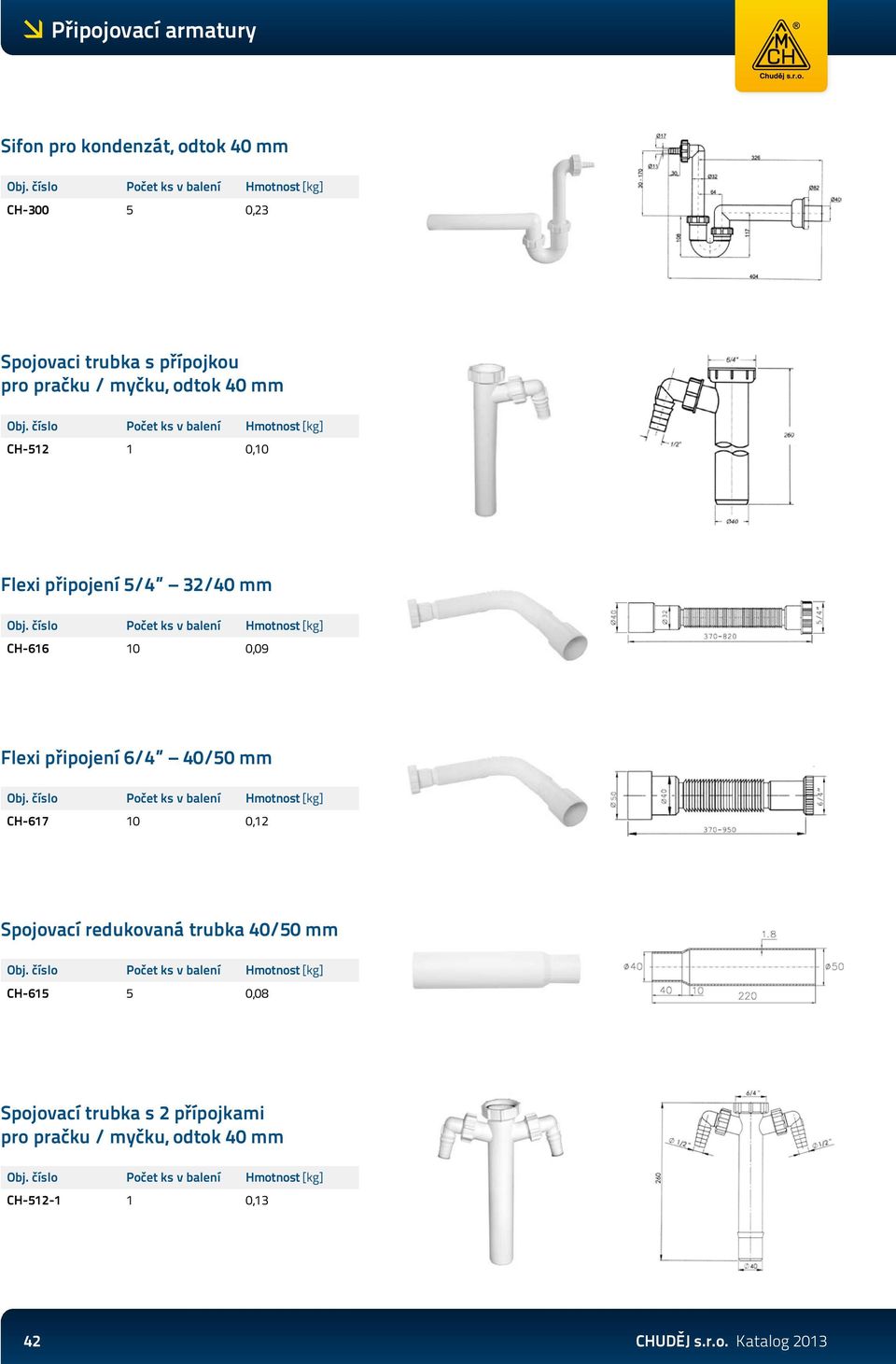 připojení 6/4 40/50 mm CH-617 10 0,12 Spojovací redukovaná trubka 40/50 mm CH-615 5 0,08