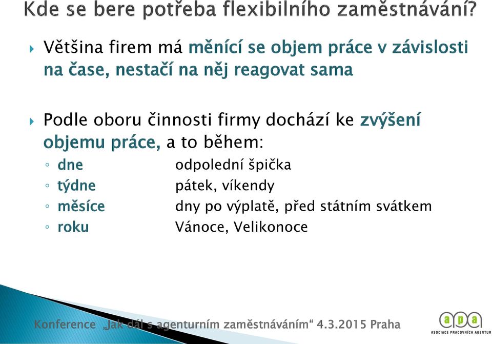 zvýšení objemu práce, a to během: dne týdne měsíce roku odpolední