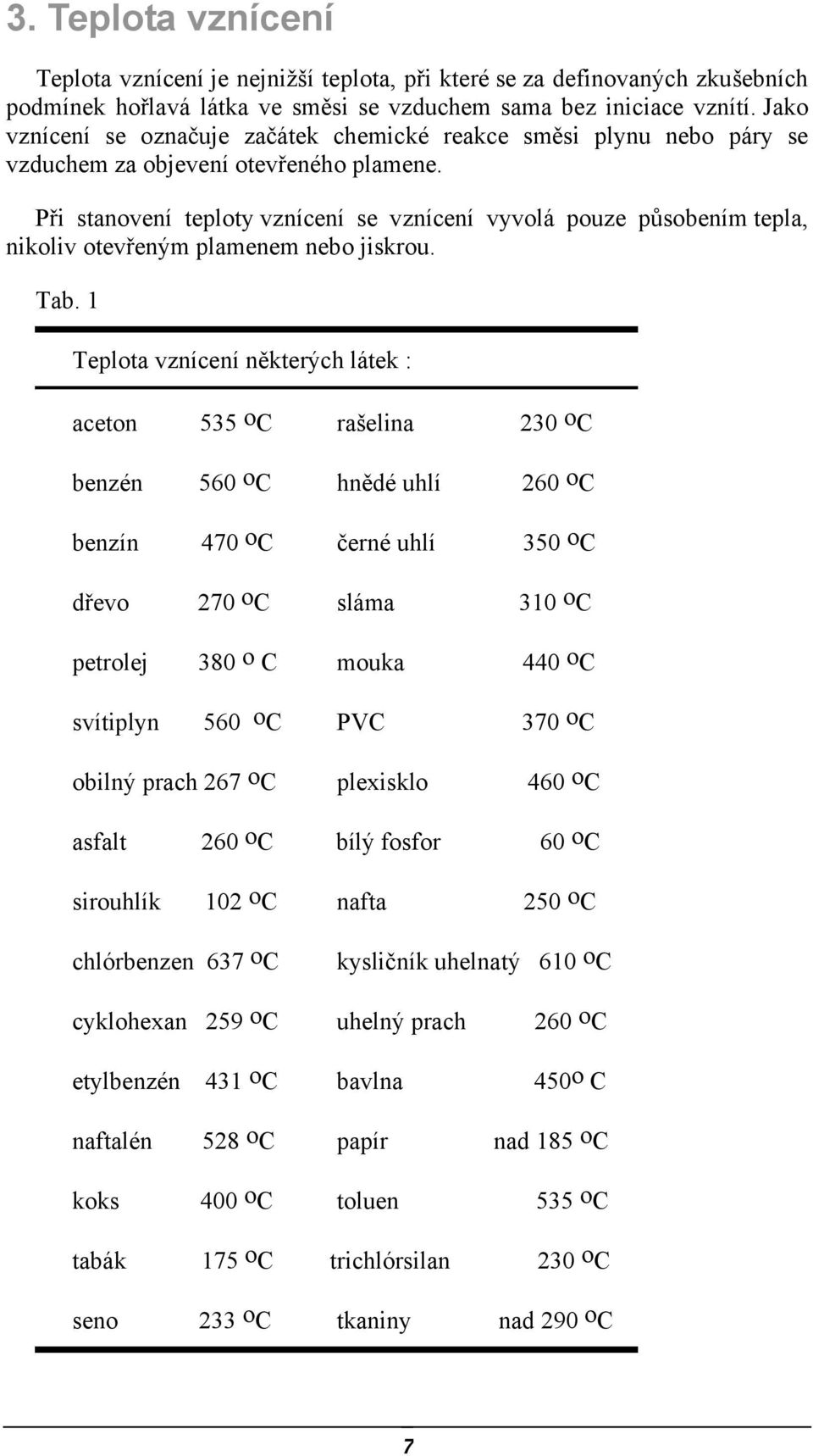 Při stanovení teploty vznícení se vznícení vyvolá pouze působením tepla, nikoliv otevřeným plamenem nebo jiskrou. Tab.