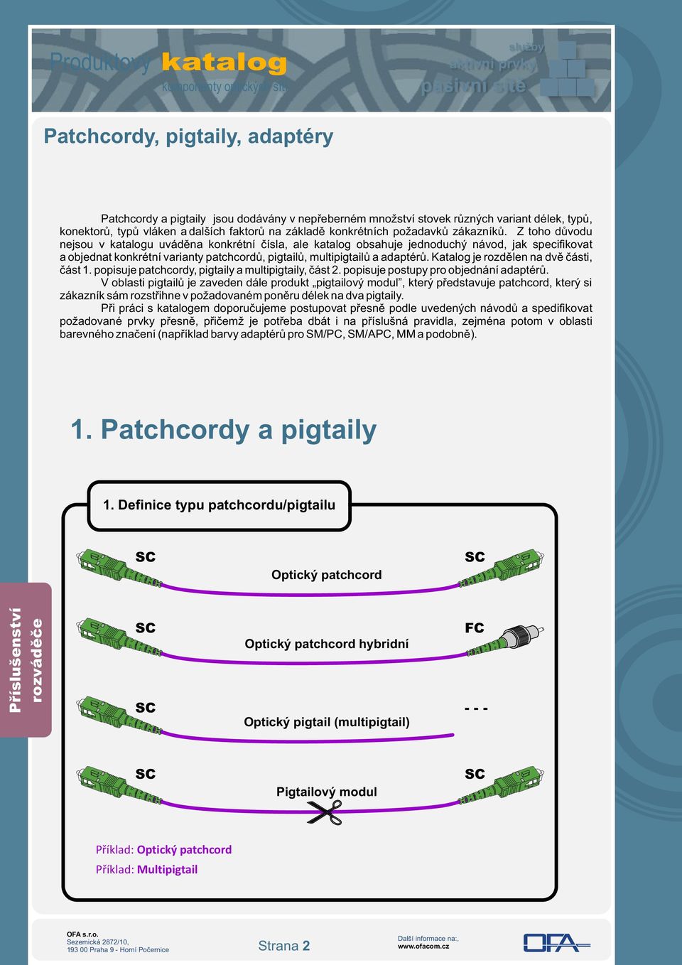 Katalog je rozdělen na dvě části, část 1. popisuje patchcordy, pigtaily a multipigtaily, část 2. popisuje postupy pro objednání adaptérů.