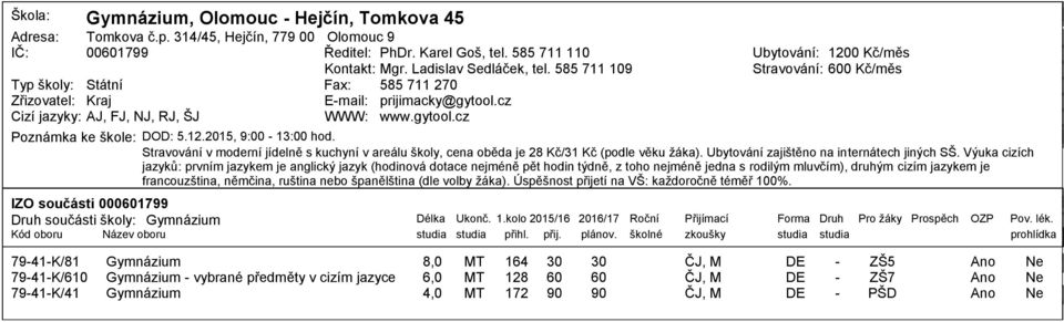 Stravování v moderní jídelně s kuchyní v areálu školy, cena oběda je 28 Kč/31 Kč (podle věku ţáka). Ubytování zajištěno na internátech jiných SŠ.