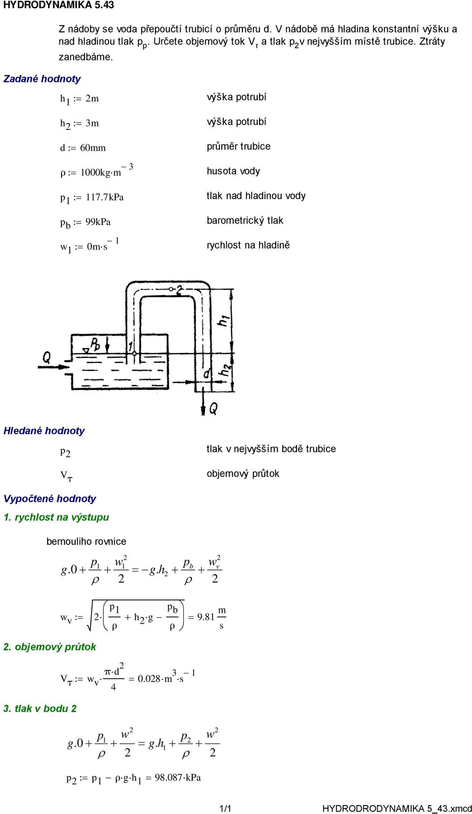 7kPa p b 99kPa 0ms výška potrubí výška potrubí průměr trubice tlak nad hladinou vody barometrický tlak rychlost na hladině p tlak v
