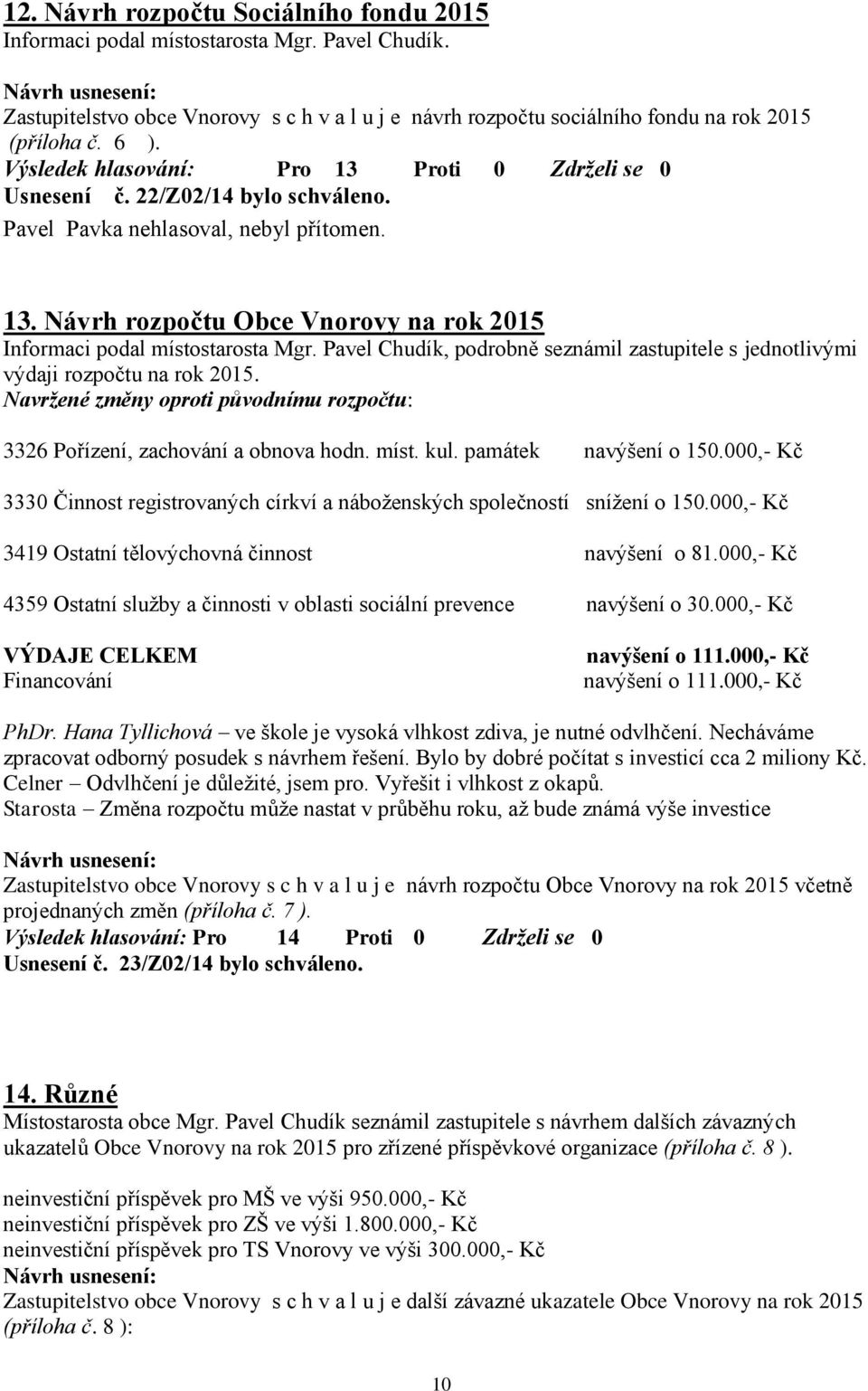 Pavel Chudík, podrobně seznámil zastupitele s jednotlivými výdaji rozpočtu na rok 2015. Navržené změny oproti původnímu rozpočtu: 3326 Pořízení, zachování a obnova hodn. míst. kul.