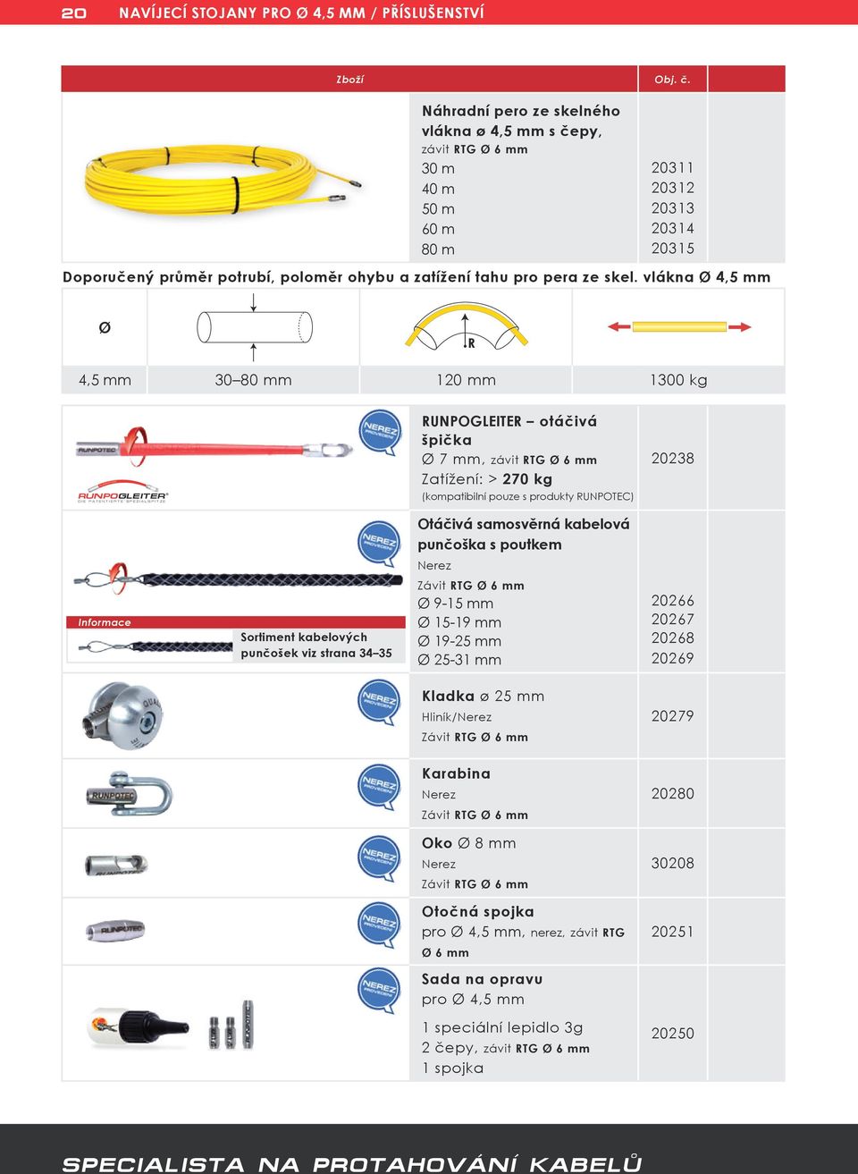 vlákna Ø 4,5 mm Ø R 4,5 mm 30 80 mm 120 mm 1300 kg RUNPOGLEITER otáčivá špička Ø 7 mm, závit RTG Ø 6 mm Zatížení: > 270 kg 20238 der RUNPOGLEITER DIE PATENTIERTE SPEZIALSPITZE (kompatibilní pouze s