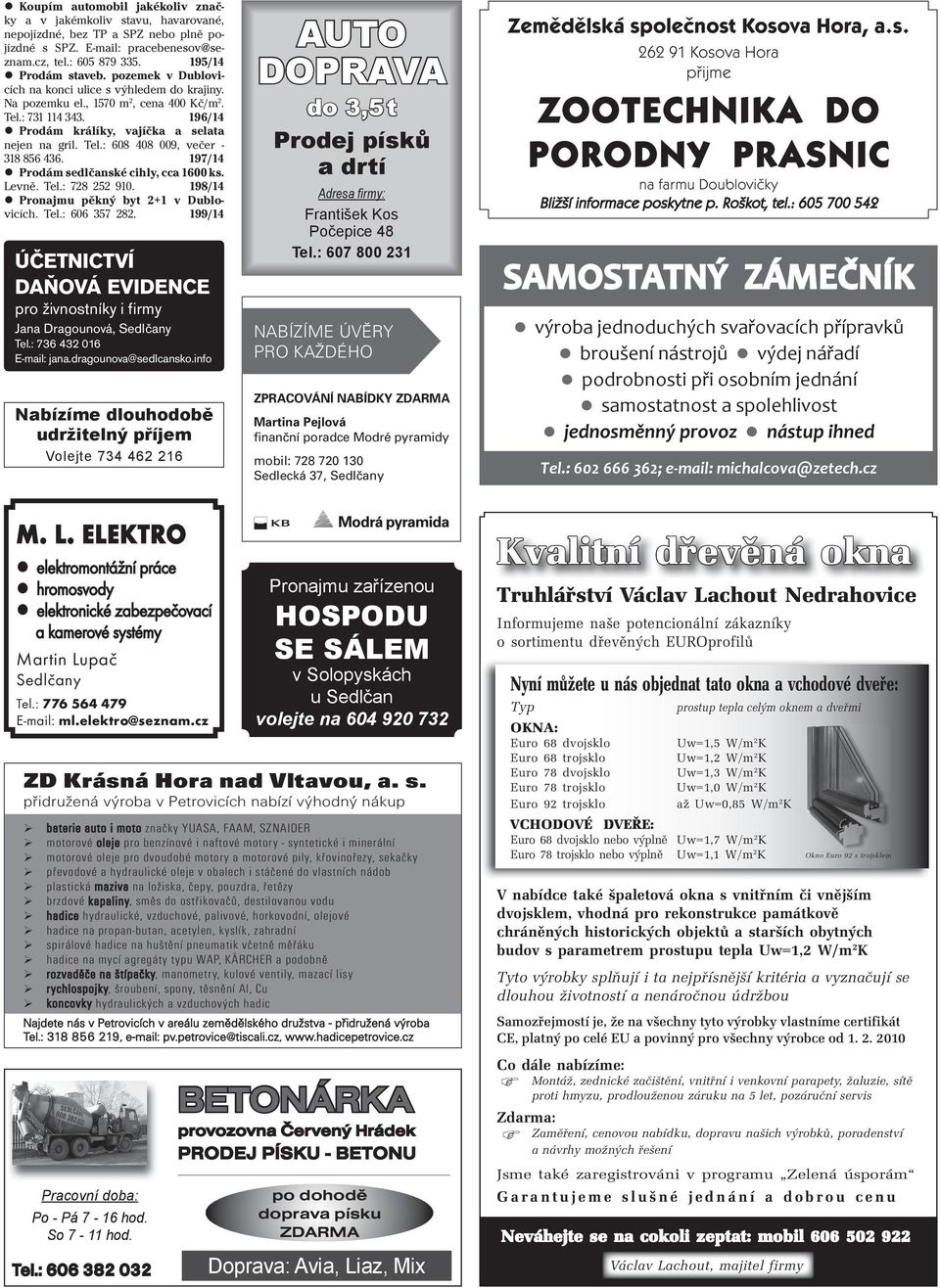 197/14 Prodám sedlčanské cihly, cca 1600 ks. Levně. Tel.: 728 252 910. 198/14 Pronajmu pěkný byt 2+1 v Dublovicích. Tel.: 606 357 282.