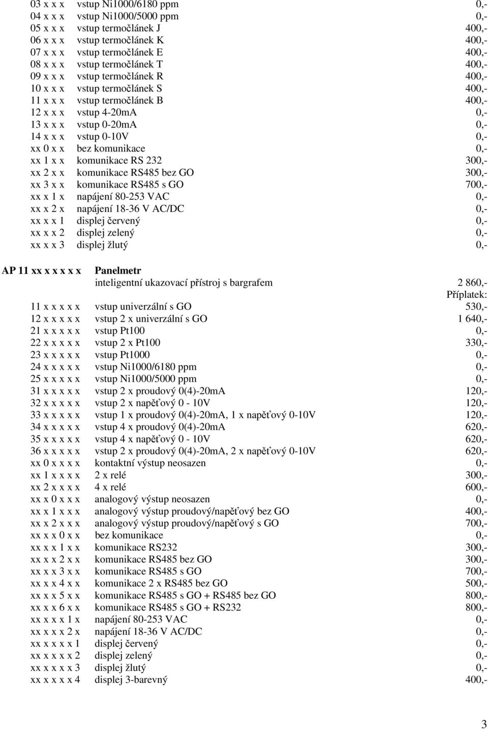 0,- xx 0 x x bez komunikace 0,- xx 1 x x komunikace RS 232 300,- xx 2 x x komunikace RS485 bez GO 300,- xx 3 x x komunikace RS485 s GO 700,- xx x 1 x napájení 80-253 VAC 0,- xx x 2 x napájení 18-36 V