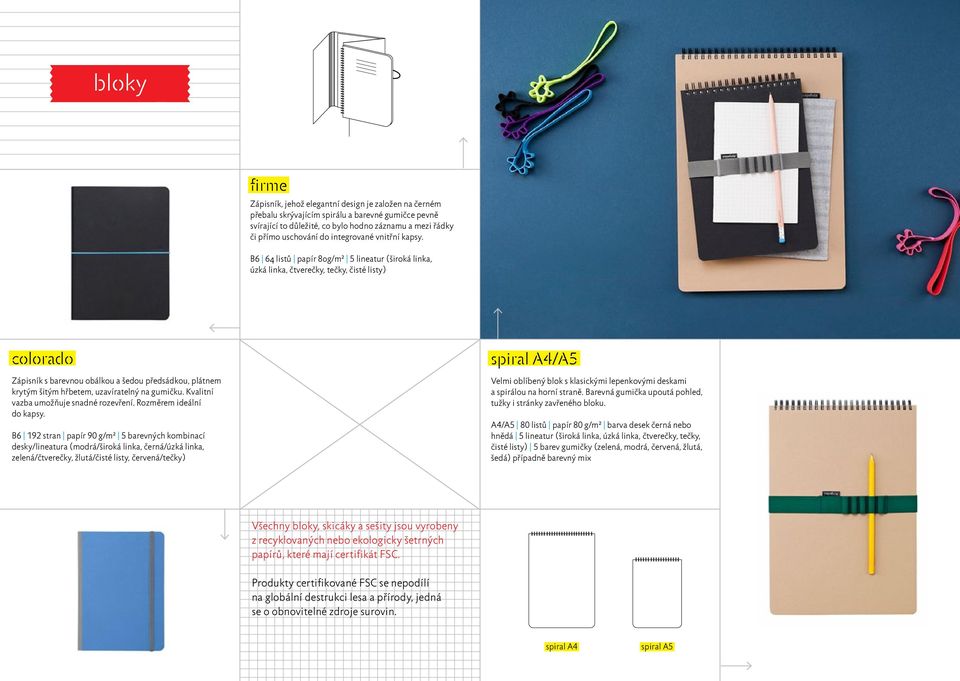 B6 64 listů papír 80g/m² 5 lineatur (široká linka, úzká linka, čtverečky, tečky, čisté listy) colorado Zápisník s barevnou obálkou a šedou předsádkou, plátnem krytým šitým hřbetem, uzavíratelný na