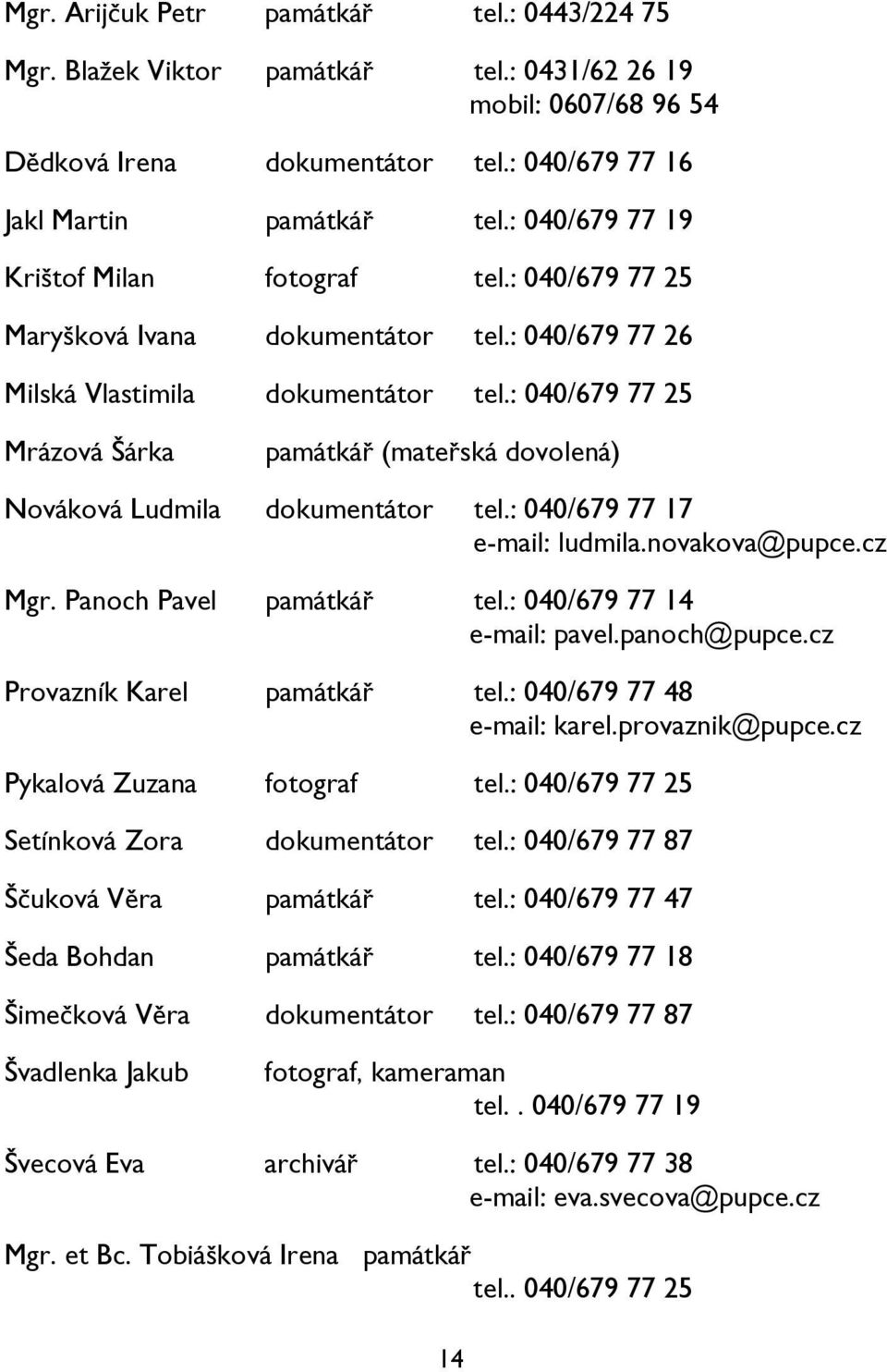 : 040/679 77 25 Mrázová Šárka památkář (mateřská dovolená) Nováková Ludmila dokumentátor tel.: 040/679 77 17 e-mail: ludmila.novakova@pupce.cz Mgr. Panoch Pavel památkář tel.