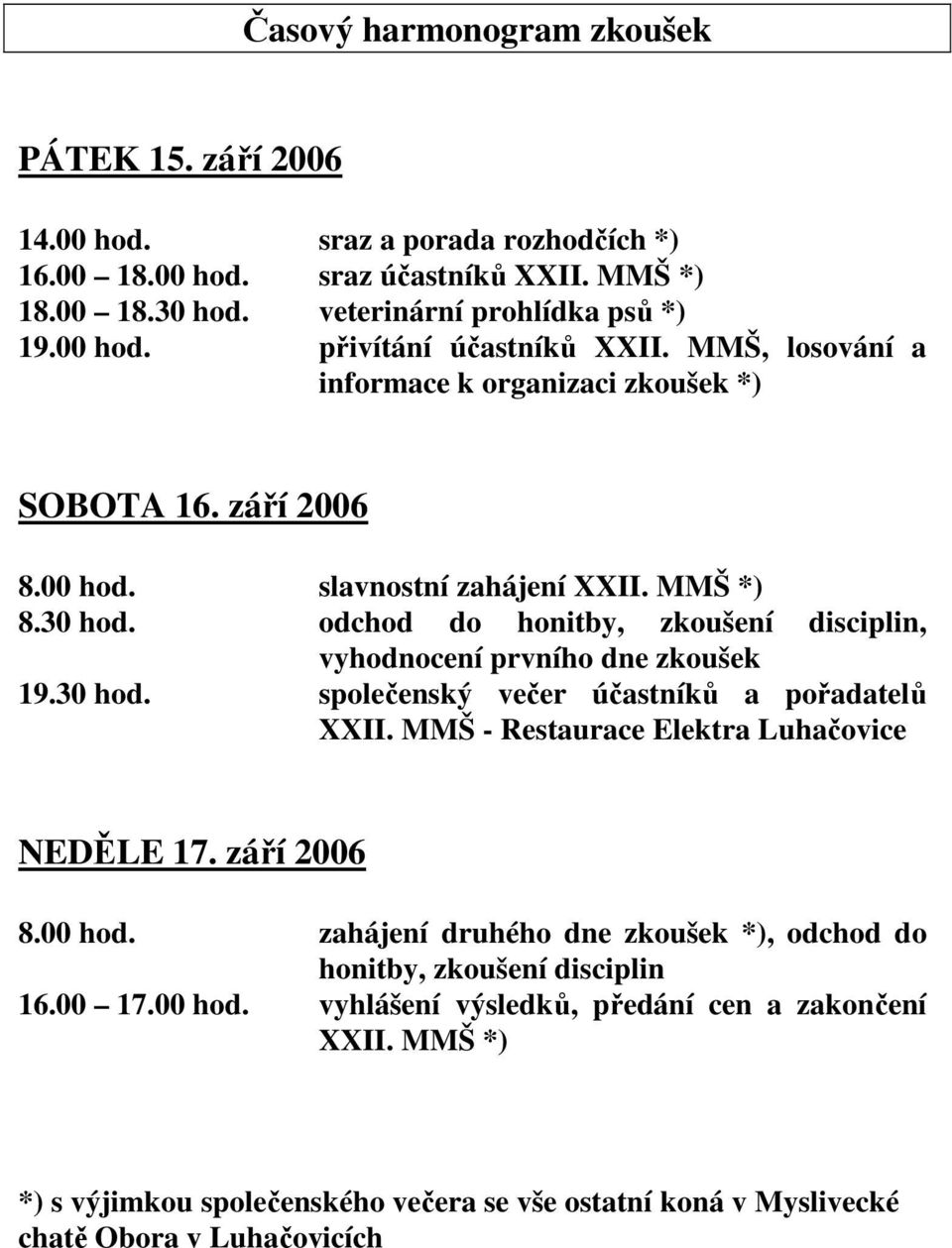 září 2006 8.00 hod. zahájení druhého dne zkoušek *), odchod do honitby, zkoušení disciplin 16.00 17.00 hod. vyhlášení výsledků, předání cen a zakončení XXI MMŠ *) *) s výjimkou společenského večera se vše ostatní koná v Myslivecké chatě Obora v Luhačovicích