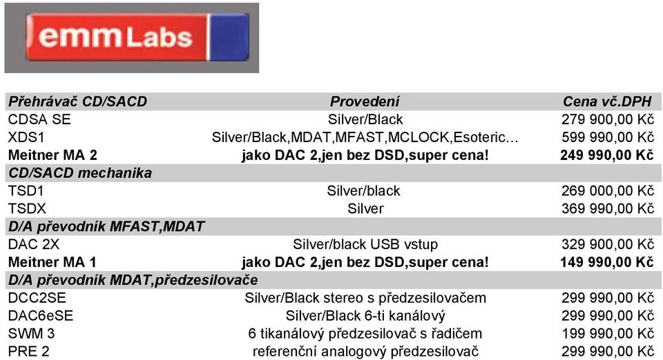 249 990,00 Kč CD/SACD mechanika TSD1 Silver/black 269 000,00 Kč TSDX Silver 369 990,00 Kč D/A převodník MFAST,MDAT DAC 2X Silver/black USB vstup 329 900,00 Kč