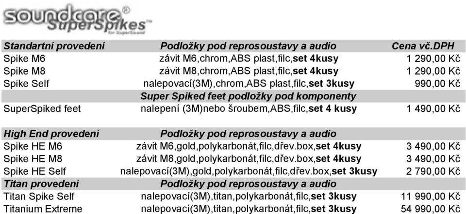 Spiked feet podložky pod komponenty SuperSpiked feet nalepení (3M)nebo šroubem,abs,filc,set 4 kusy 1 490,00 Kč High End provedení Podložky pod reprosoustavy a audio Spike HE M6 závit