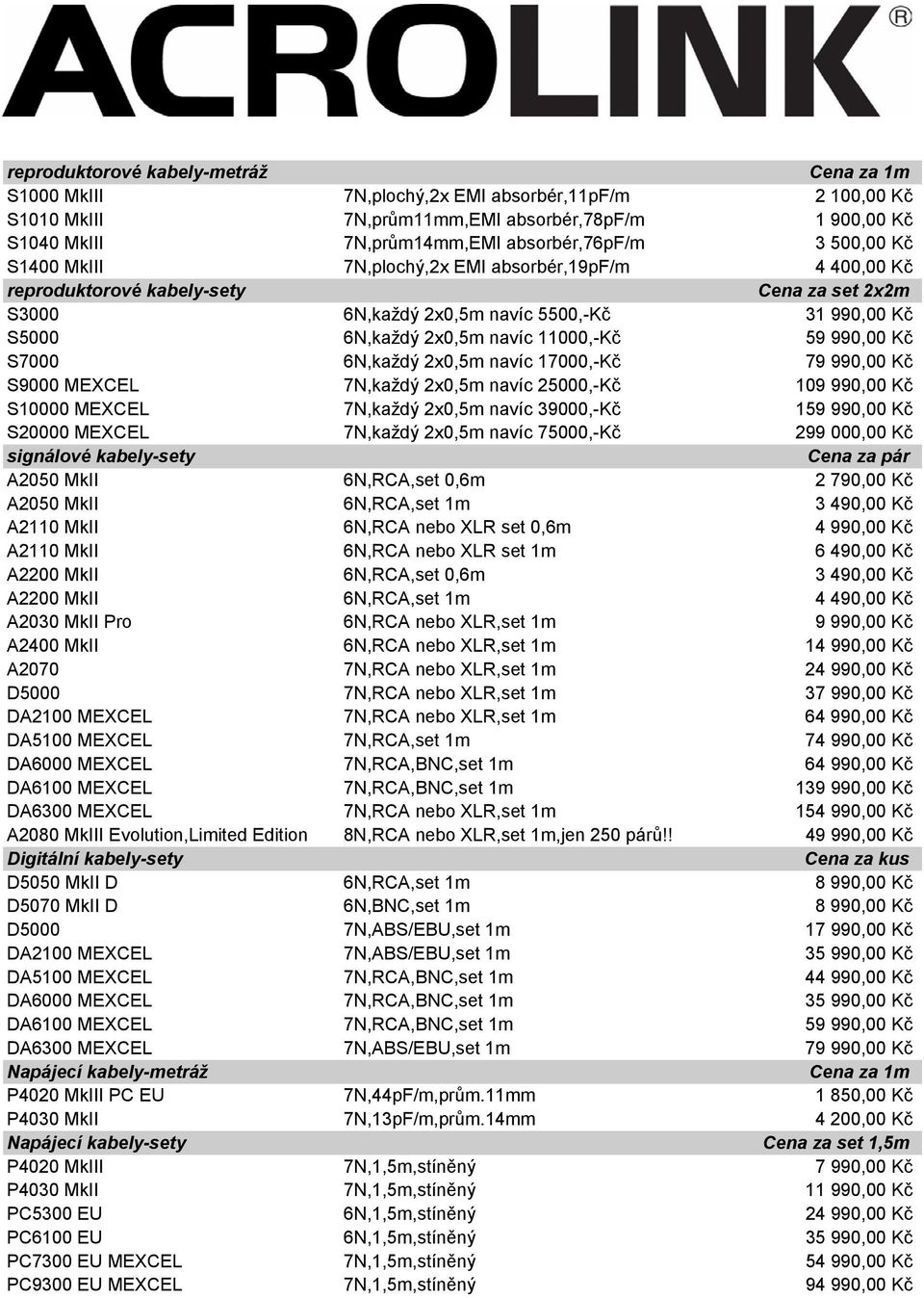 59 990,00 Kč S7000 6N,každý 2x0,5m navíc 17000,-Kč 79 990,00 Kč S9000 MEXCEL 7N,každý 2x0,5m navíc 25000,-Kč 109 990,00 Kč S10000 MEXCEL 7N,každý 2x0,5m navíc 39000,-Kč 159 990,00 Kč S20000 MEXCEL