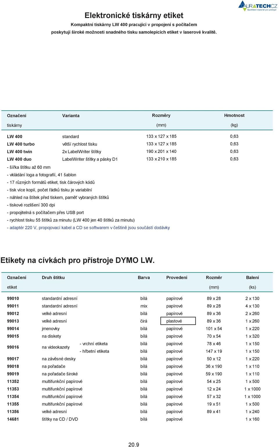 LabelWriter štítky a pásky D1 133 x 210 x 185 - ší ka štítku až 60 mm - vkládání loga a fotografií, 41 šablon - 17 r zných formát etiket, tisk árových kód - tisk více kopií, po et ádk tisku je