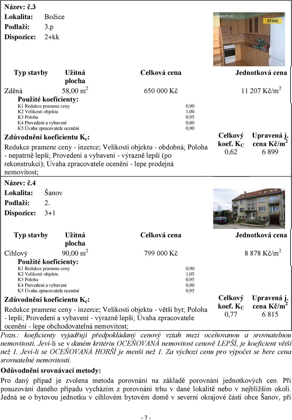 0,95 K4 Provedení a vybavení 0,80 K5 Úvaha zpracovatele ocenění 0,90 Zdůvodnění koeficientu K c : Redukce pramene ceny - inzerce; Velikosti objektu - obdobná; Poloha - nepatrně lepší; Provedení a