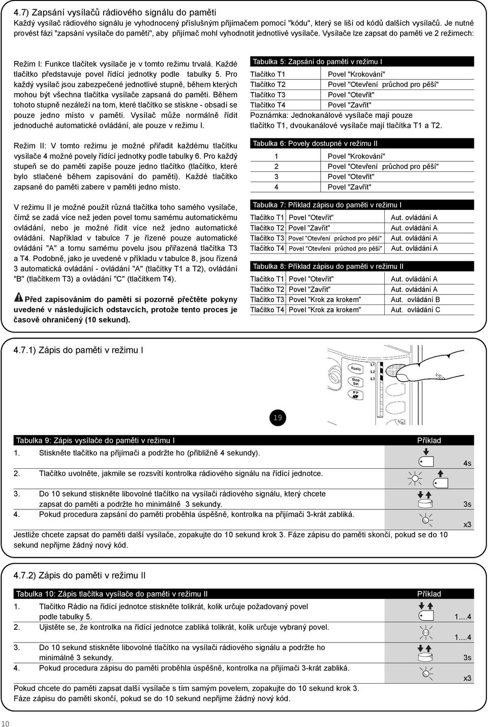 Vysílaèe lze zapsat do pamìti ve 2 režimech: Režim I: Funkce tlaèítek vysílaèe je v tomto režimu trvalá. Každé tlaèítko pøedstavuje povel øídící jednotky podle tabulky 5.
