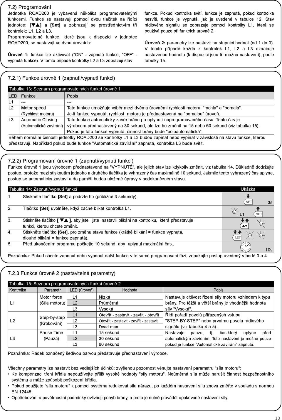 Programovatelné funkce, které jsou k dispozici v jednotce ROAD200, se nastavují ve dvou úrovních: Úroveò 1: funkce lze aktivovat ("ON" - zapnutá funkce, "OFF" - vypnutá funkce).