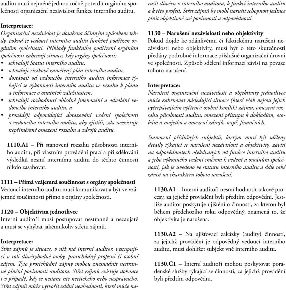 Příklady funkčního podřízení orgánům společnosti zahrnují situace, kdy orgány společnosti: schvalují Statut interního auditu, schvalují rizikově zaměřený plán interního auditu, dostávají od vedoucího