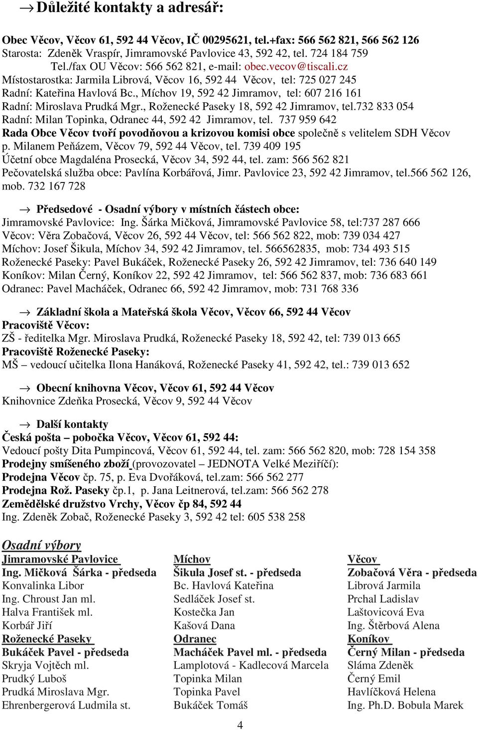 , Míchov 19, 592 42 Jimramov, tel: 607 216 161 Radní: Miroslava Prudká Mgr., Roženecké Paseky 18, 592 42 Jimramov, tel.732 833 054 Radní: Milan Topinka, Odranec 44, 592 42 Jimramov, tel.
