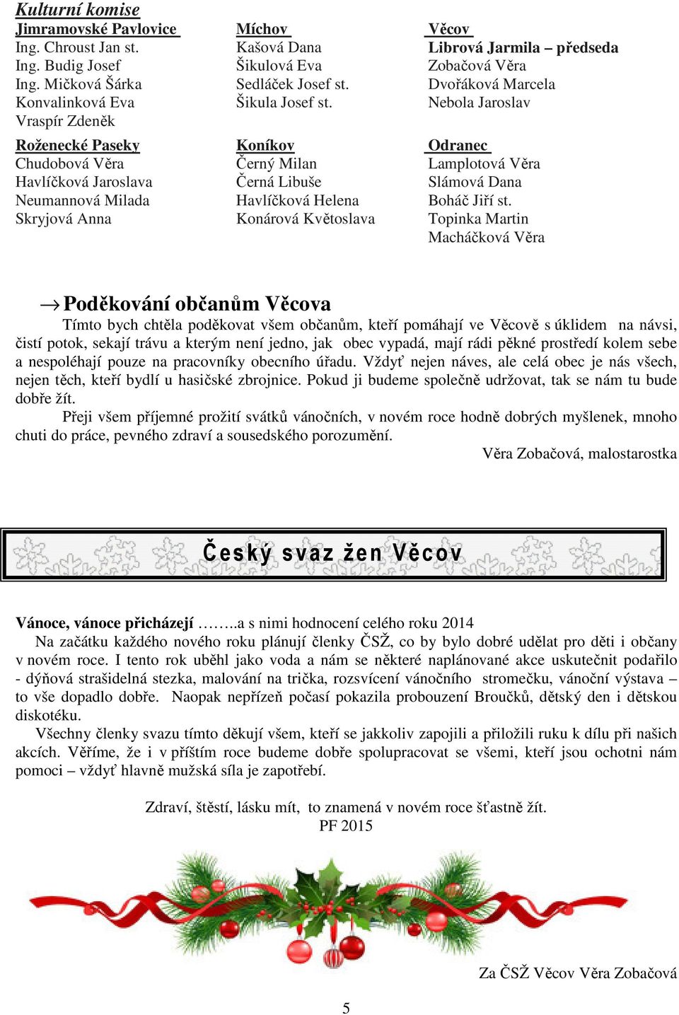 Koníkov Černý Milan Černá Libuše Havlíčková Helena Konárová Květoslava Věcov Librová Jarmila předseda Zobačová Věra Dvořáková Marcela Nebola Jaroslav Odranec Lamplotová Věra Slámová Dana Boháč Jiří